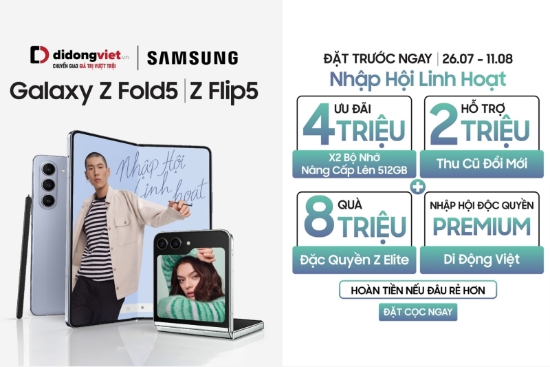 Di Động Việt nhận đặt trước Samsung Galaxy Z Fold5/ Z Flip5 với nhiều ưu đãi trị giá hơn 8 triệu đồng